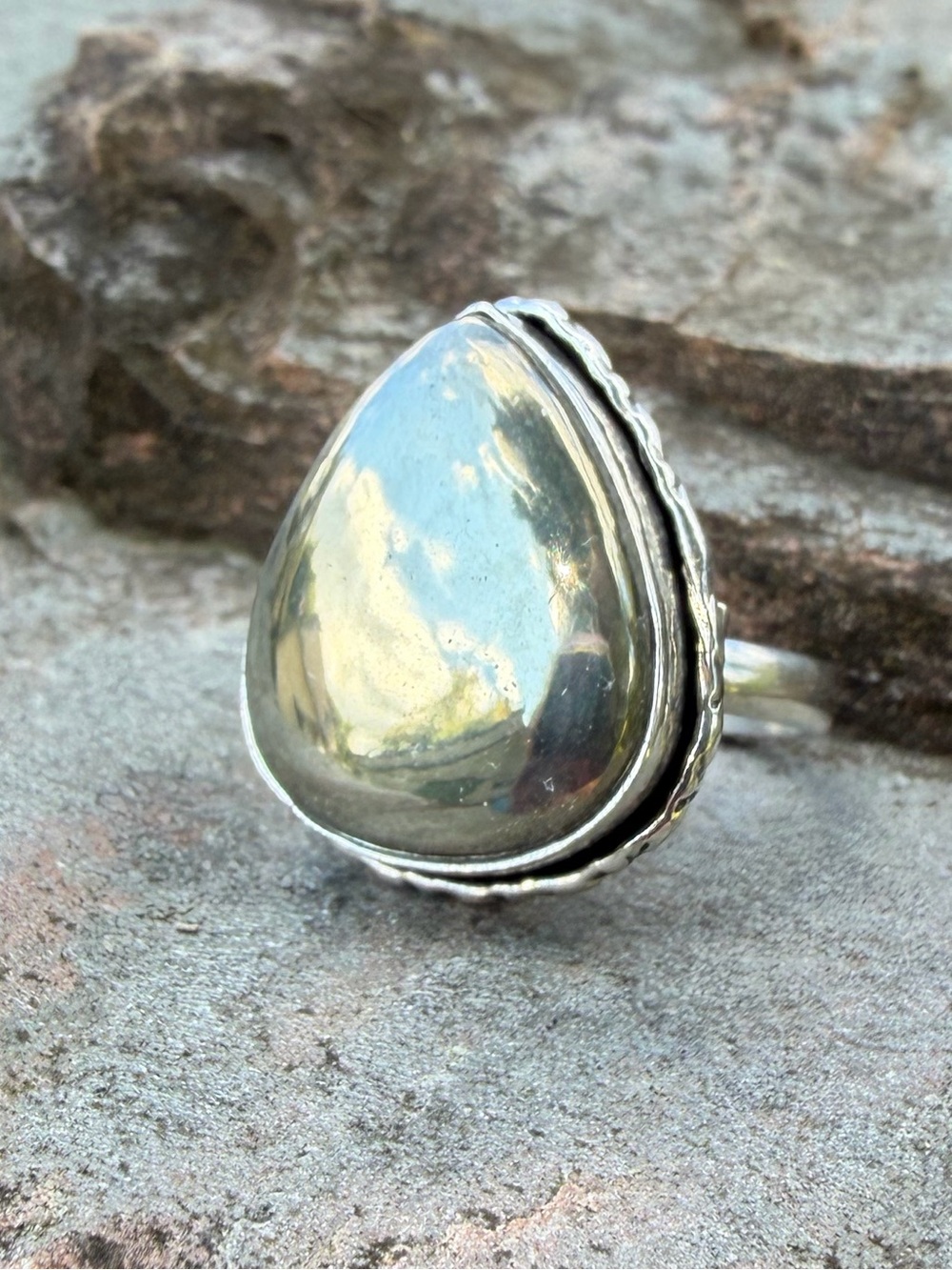 Genuine Pyrite Silver Teardrop Statement Ring